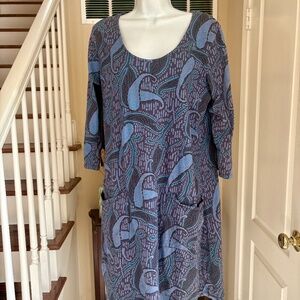 Fresh Produce Grey  Purple & Blue Paisley 100% Cotton Dress Front Pockets USA XL